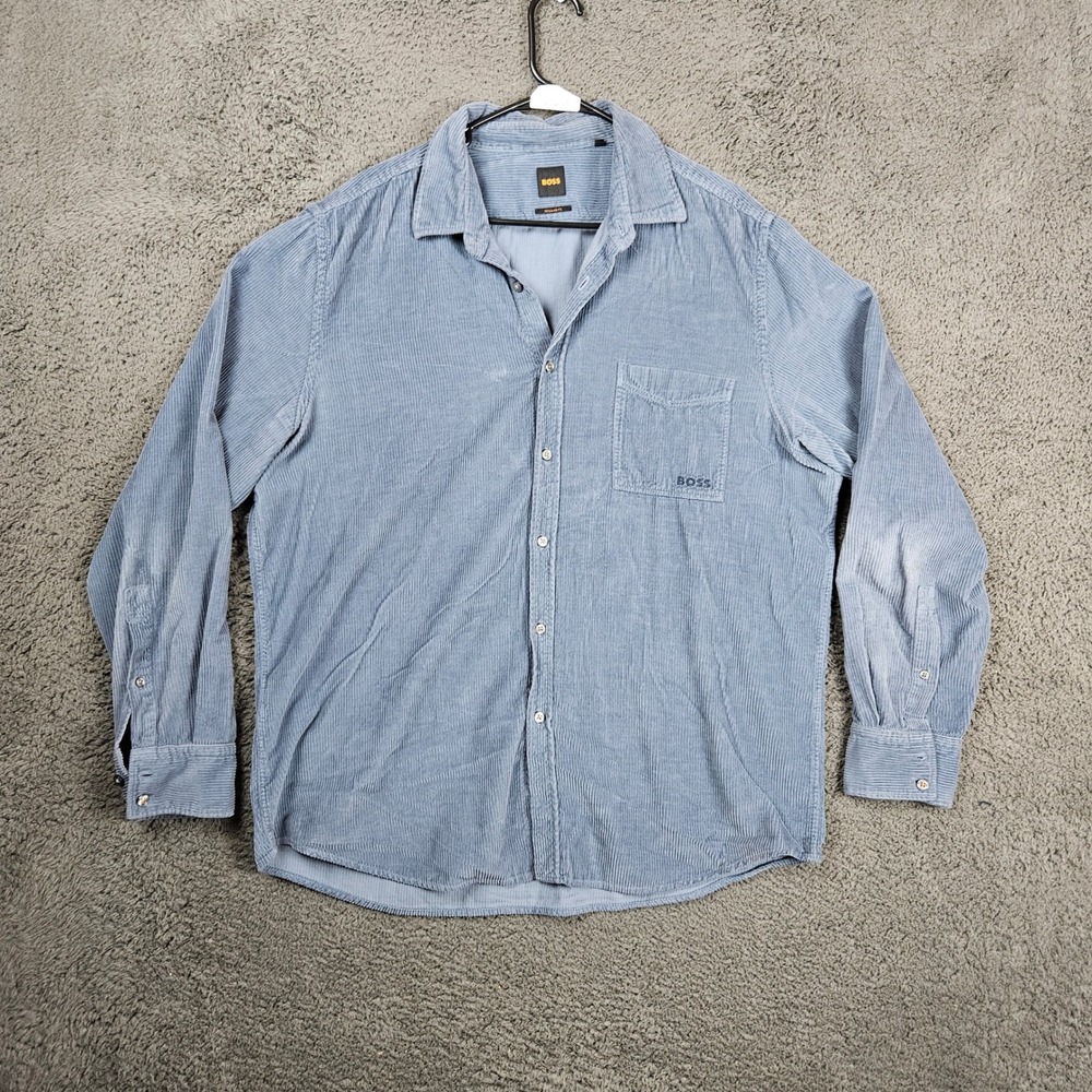 BOSS Hugo Boss Mens XXL Blue Corduroy Button Up Shirt Regular Fit Long Sleeve